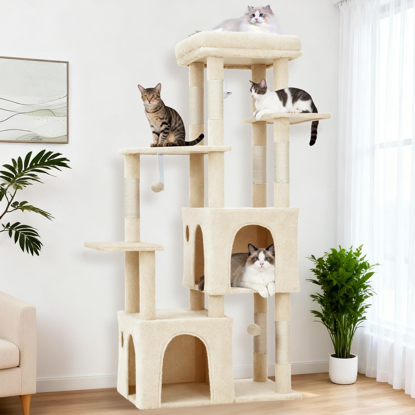 Heavy-Duty 61" Multi-Level Cat Tree Tower for Large Indoor Cats & Maine Coons – Extra-Large Perch, 2 Spacious Condos, Sturdy Sisal Scratching Posts, Play Toys, Stable Modern Activity Center