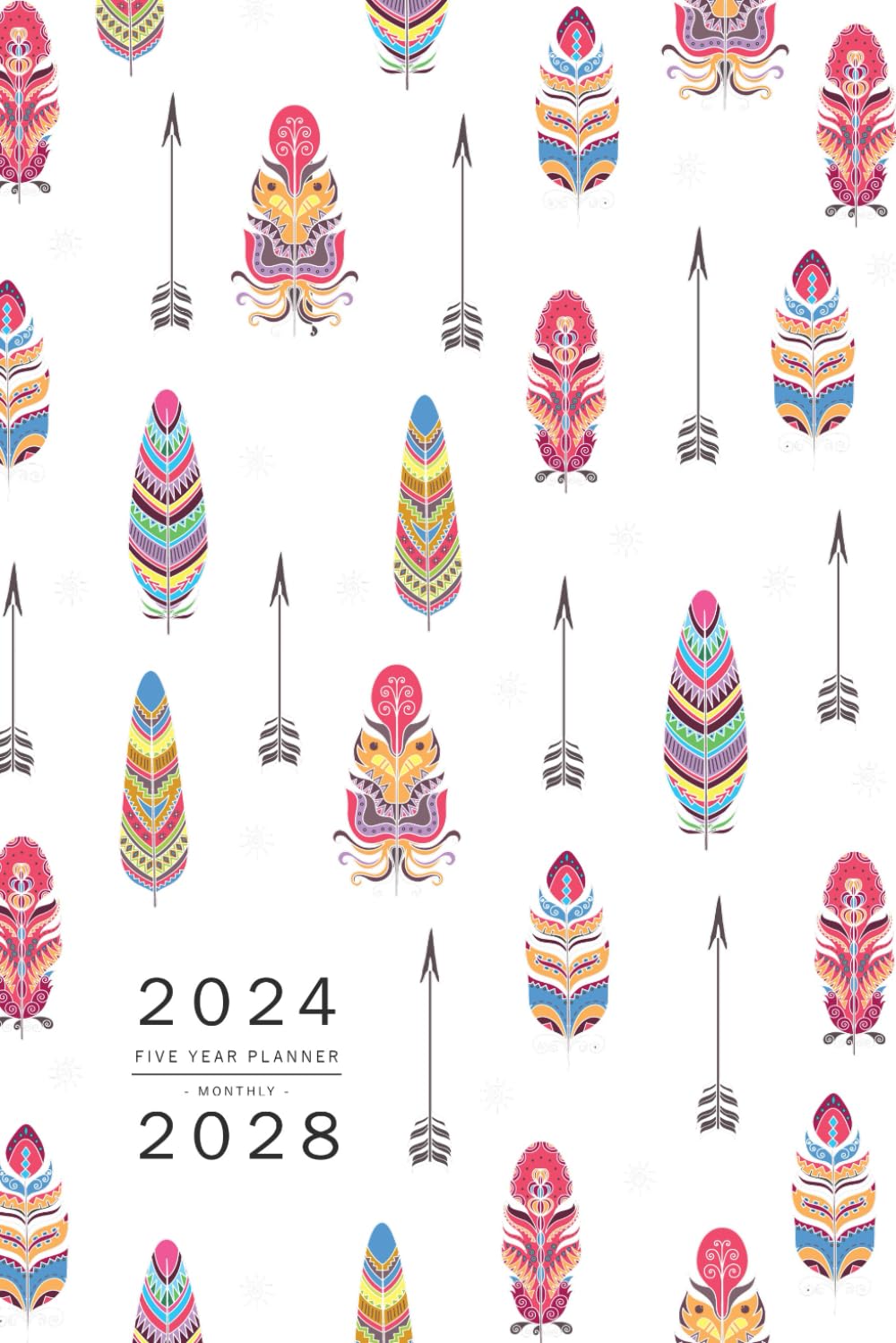 Five Year Planner 2024-2028: 6x9 Monthly Journal Organizer Medium | Boho Ornamental Feather Design White