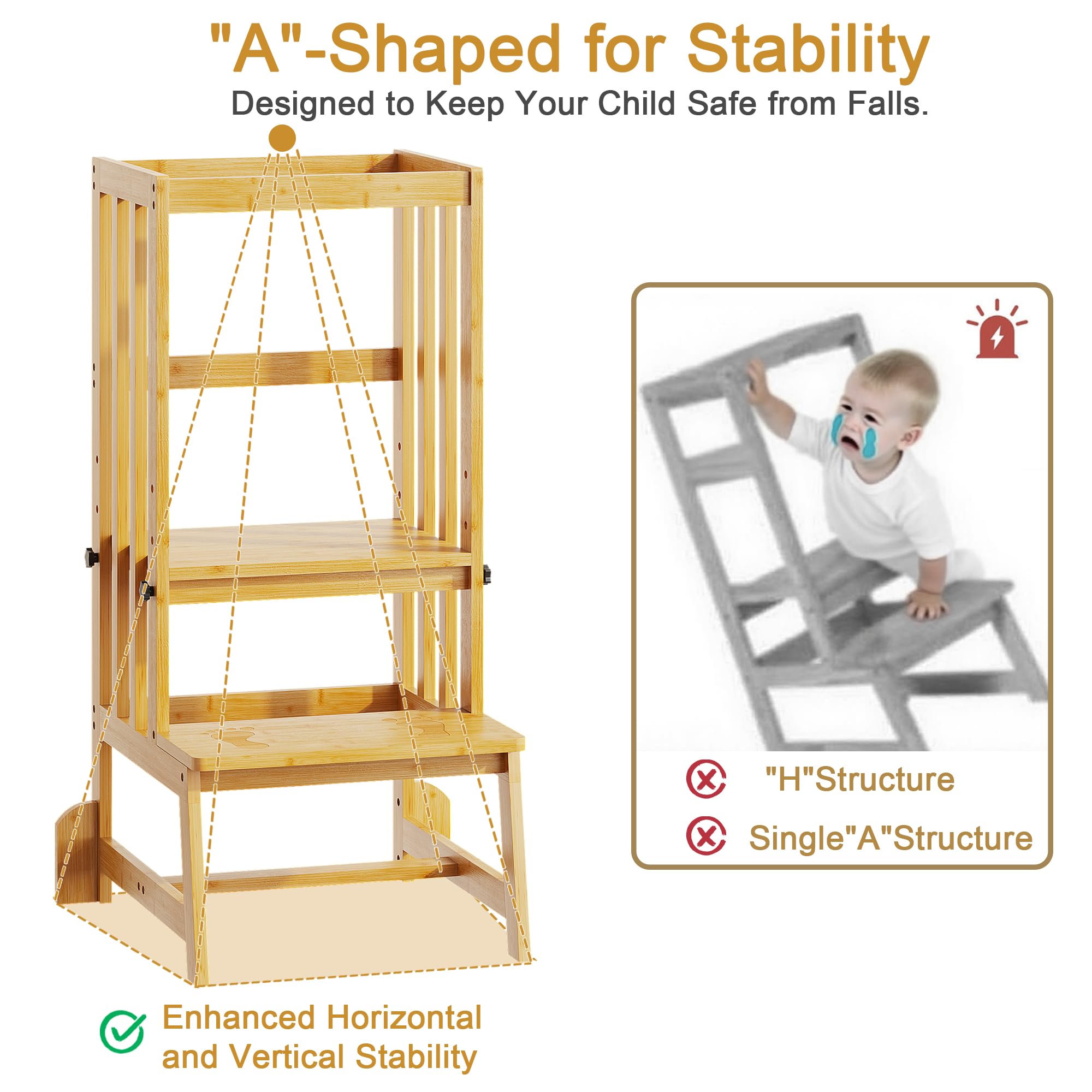 BAMBOOHOMIE Sgabello da cucina per bambini, torre in piedi regolabile in altezza con piedini antiscivolo, sgabello per l'apprendimento dei più piccoli per bancone della cucina o lavandino del bagno