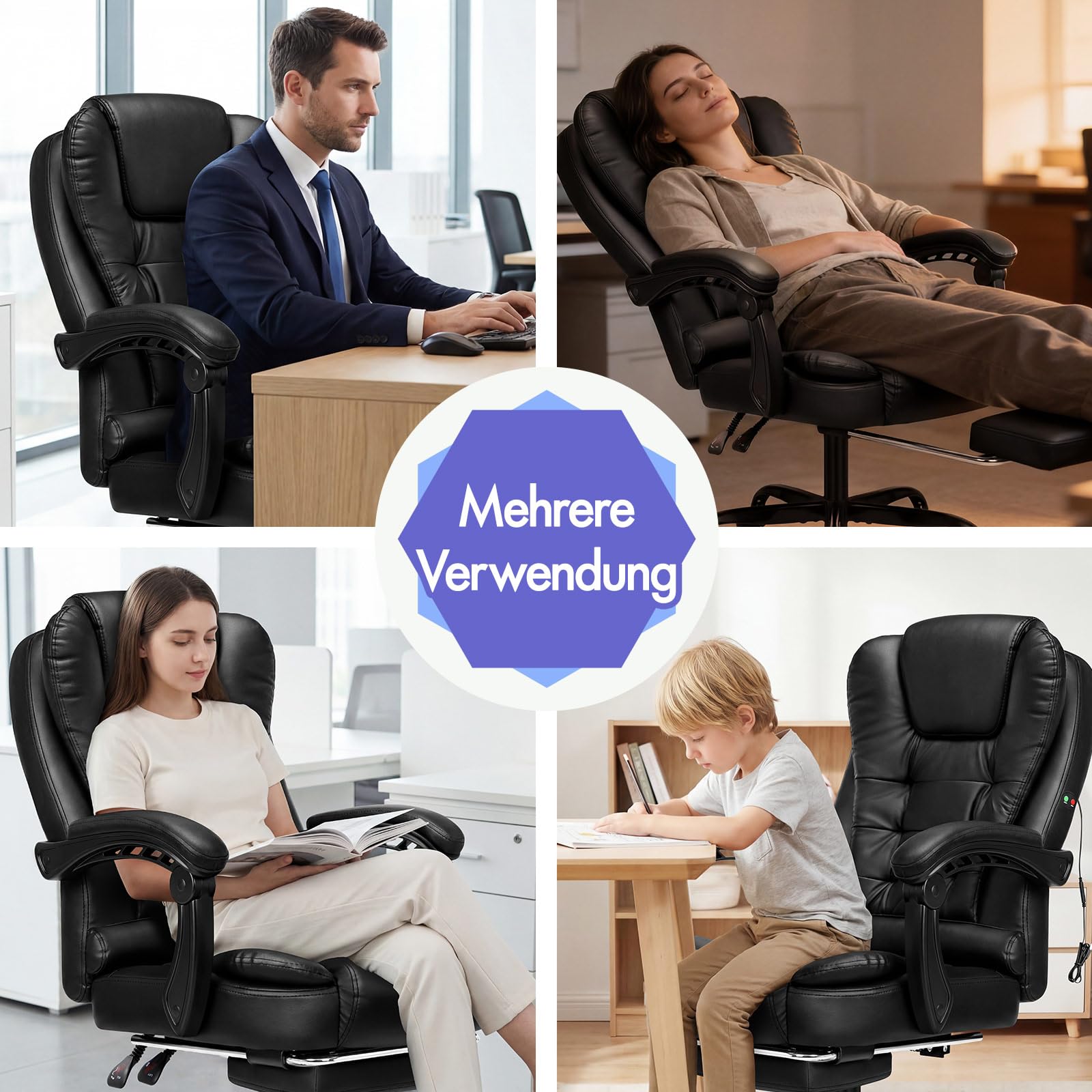 ALFORDSON Chefsessel Bürostuhl Massage Schreibtischstuhl 150°-Neigung, Computerdrehstuhl, ergonomischer Drehstuhl Ausziehbare Fußstütze, höhenverstellbarer,belastbar 180 kg, PU-Leder, Schwarz