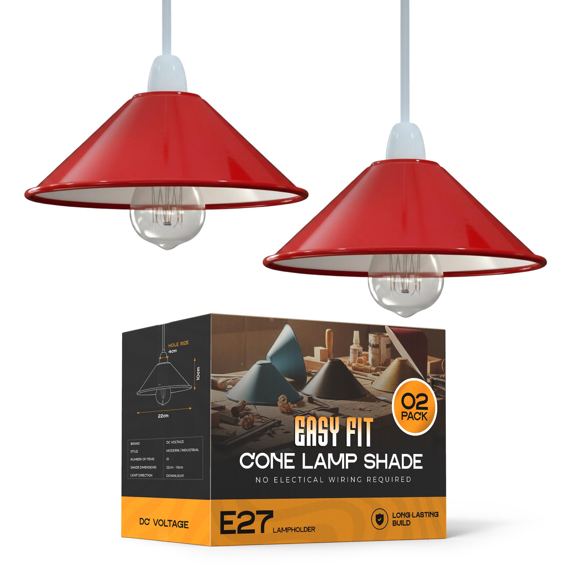 Red Cone Lamp Shade Set of 2, 22cm Metal Easy Fit Replacing Pendant Lampshades with Reducer Plate, Vintage Industrial Ceiling Light Shade for Kitchen Island, Dining Room, Hallway, Bedroom, Home โ image 1