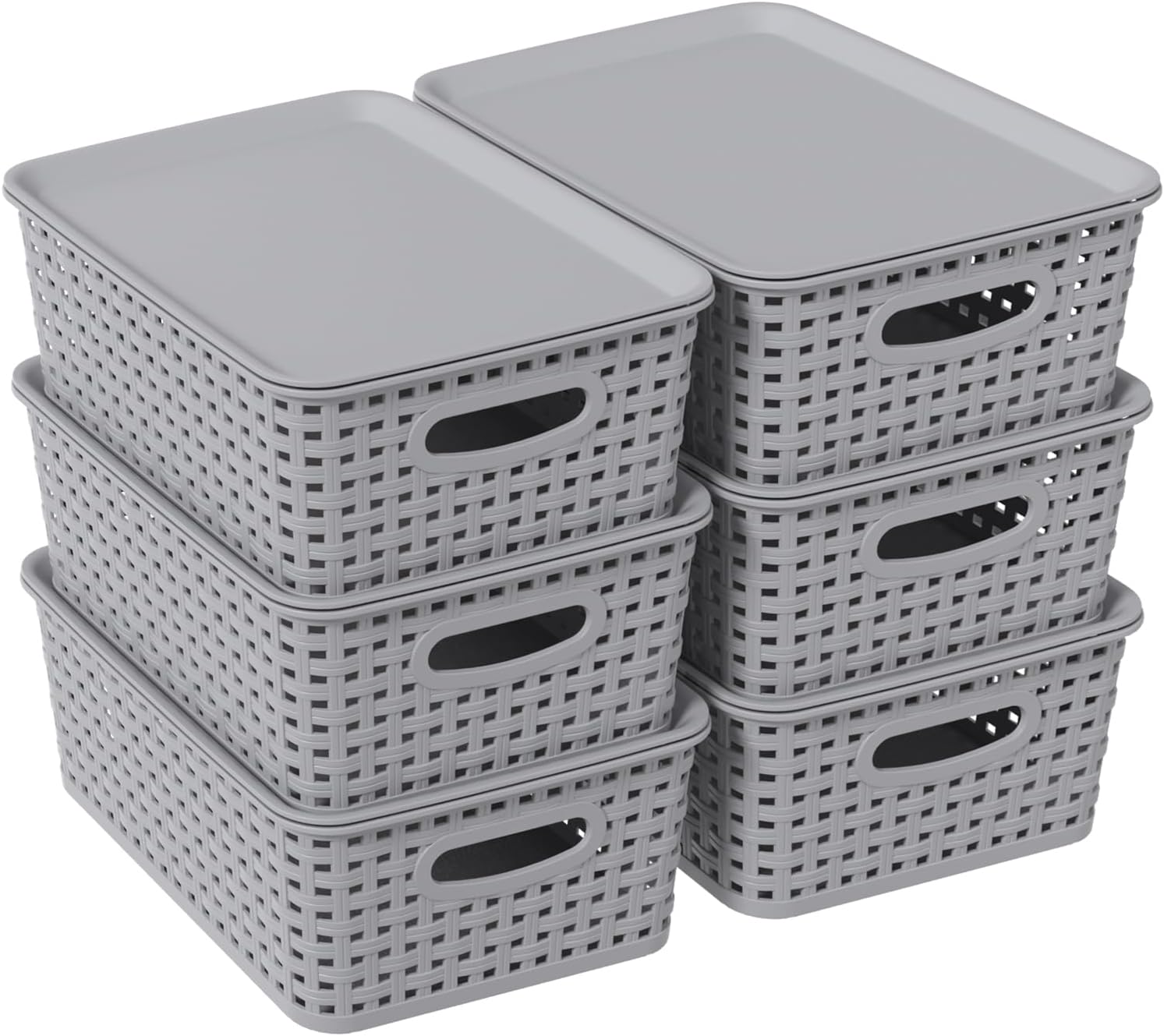Wekioger Small Plastic Woven Basket, 6 Pack Grey Lidded Storage Basket Bins | Stackable