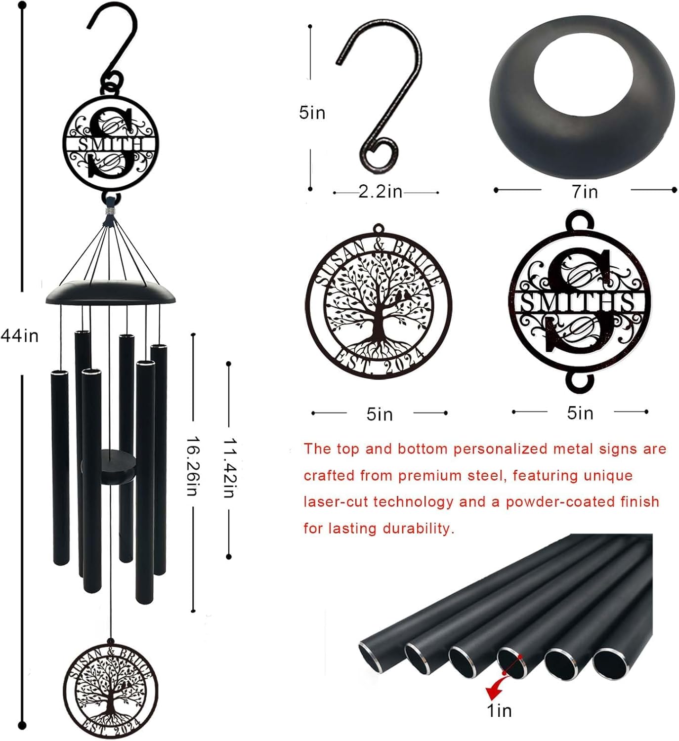 Large 44 Inch Wind Chime Anniversary or Wedding Gifts with Personalized Metal Signs, Custom Wind Chime Wedding Gift for Couple Parents