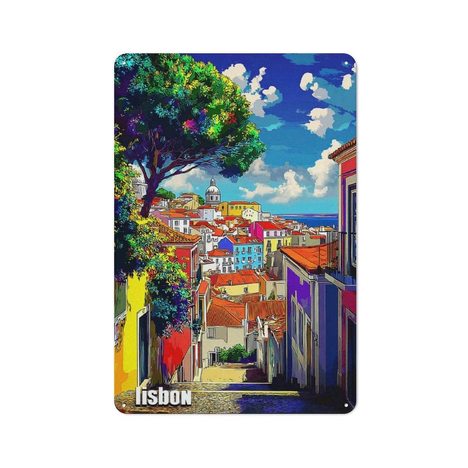 Junmoney Colorful Lisbon Streetscape Printed Metal Sign 30X20cm For Home Office Or Studio, For Winter Room Styling In Home Office And Studio