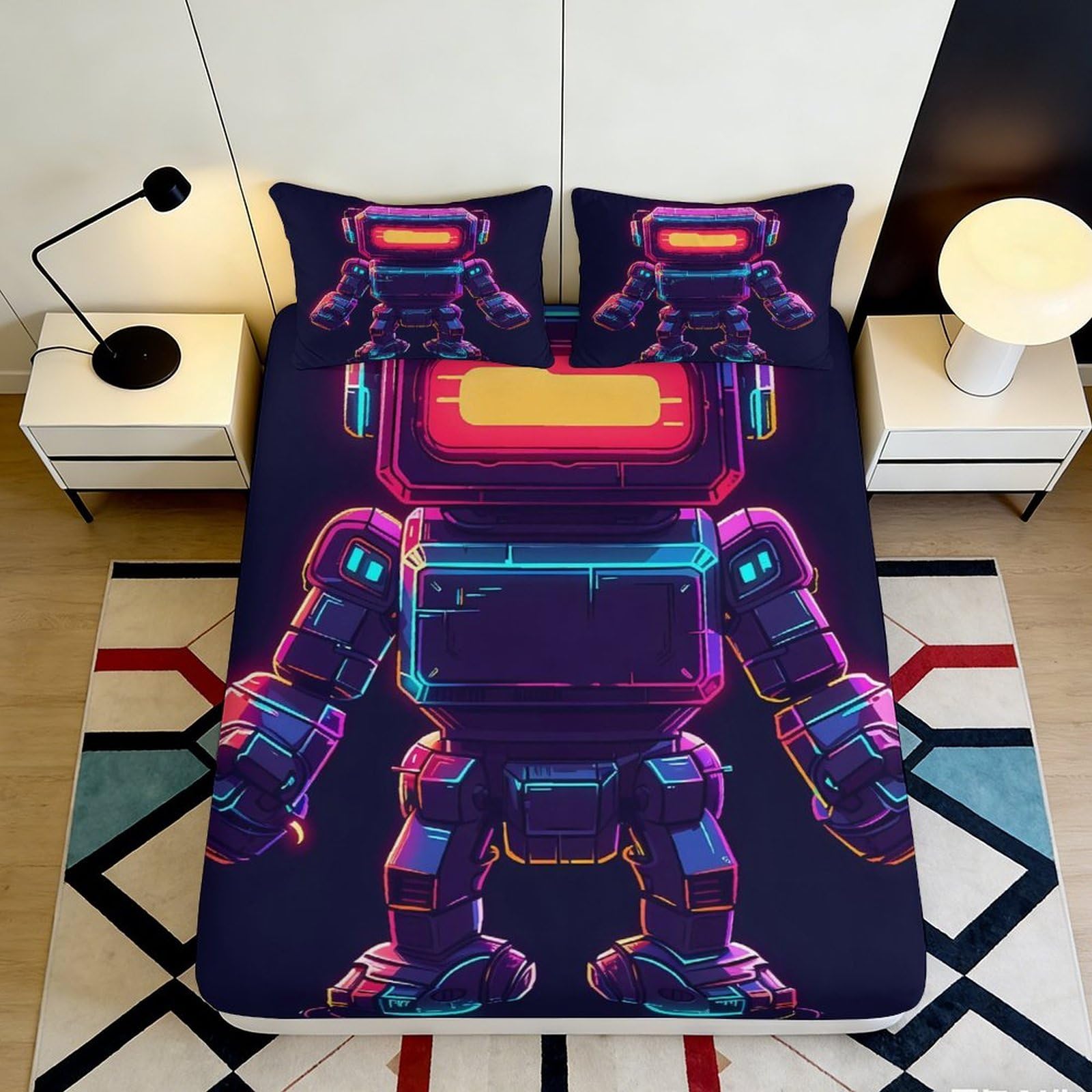 3D Printed Neon Robot Fitted Sheet Microfiber Soft Bedroom Decor Futuristic Robot Mattress Cover for Home Dorm 90x200x25cm