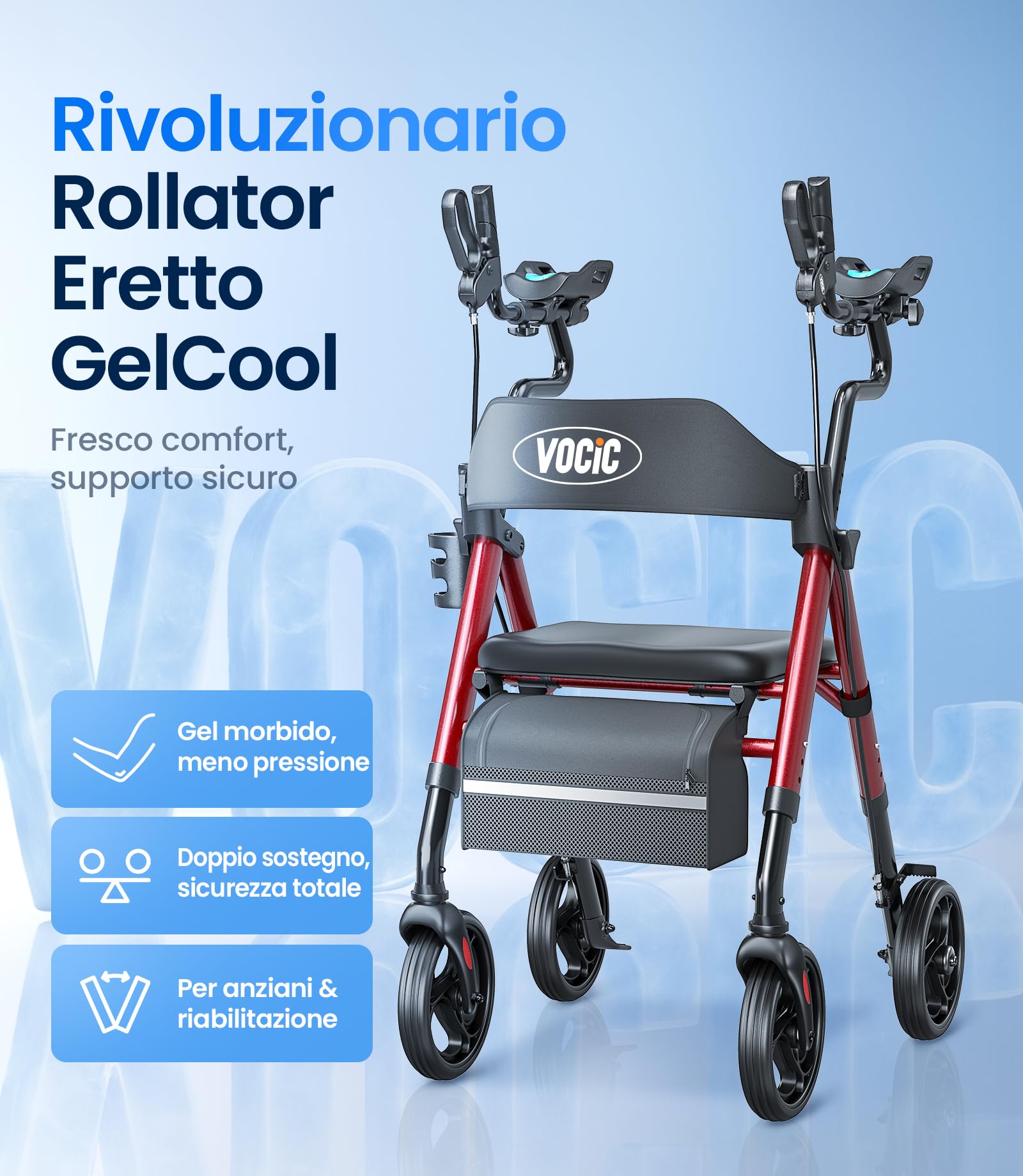 VOCIC Deambulatore pieghevole leggero con seduta,Poggiaavambracci imbottiti | Z22 GelSoft-Walker con braccioli regolabili e portabicchieri,deambulatore per anziani, Ergo-sedile & schienale,Max136kg,rosso