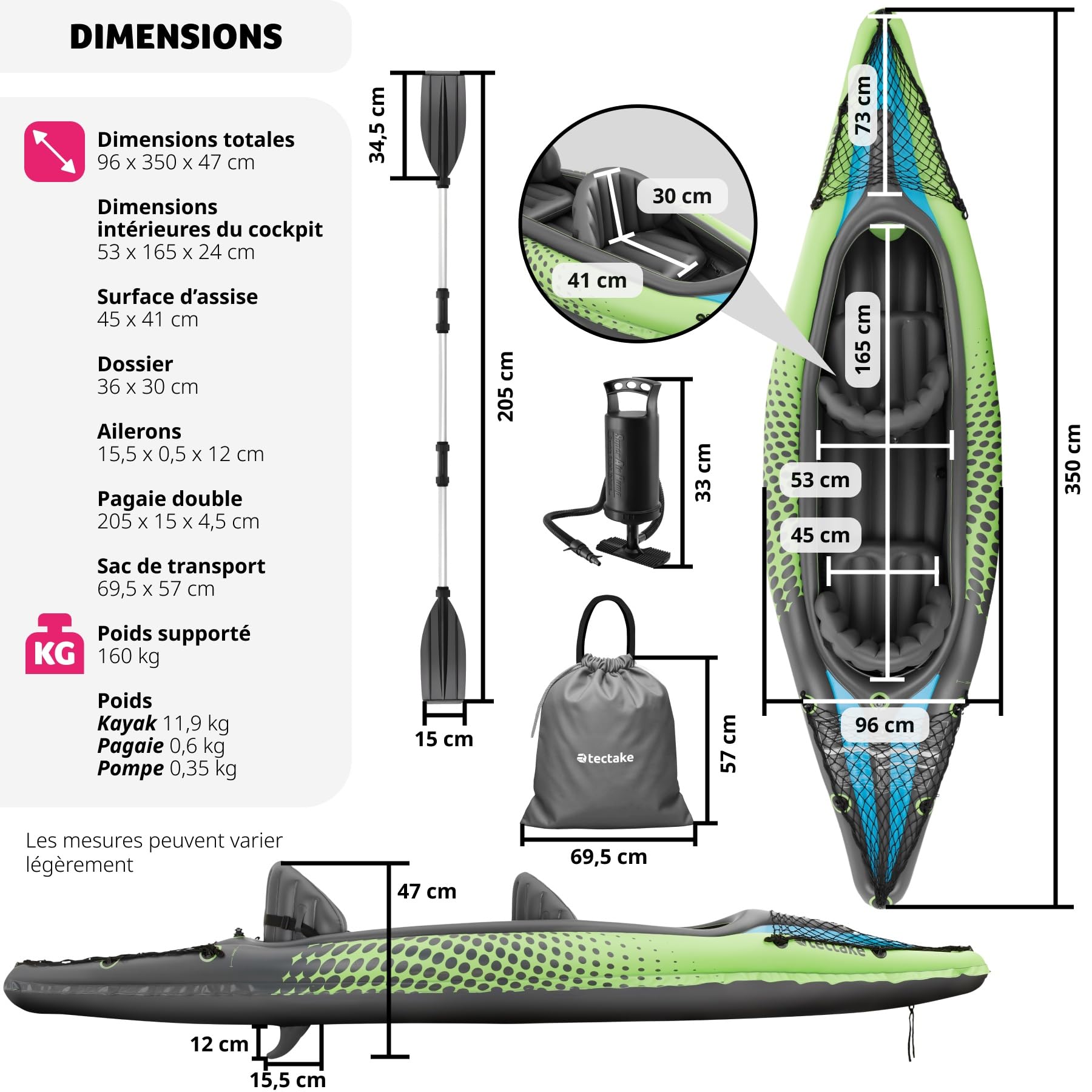 tectake® Canoë Kayak Gonflable en PVC Robuste avec Pagaie Double Solide, Filets de Transport & Sac de Transport, Kayak de mer Gonflable - Plusieurs Options 1 ou 2 Places