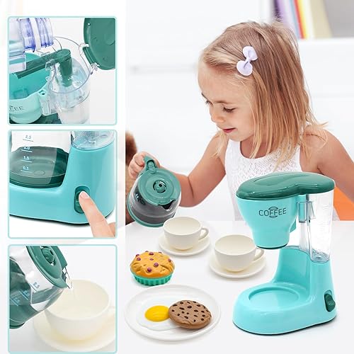 Miniatura 5 de Hohosunlar Juguete de aparato de cocina, juego de cocina con máquina de café, licuadora, mezcladora, tostadora y juguetes de comida con luz y