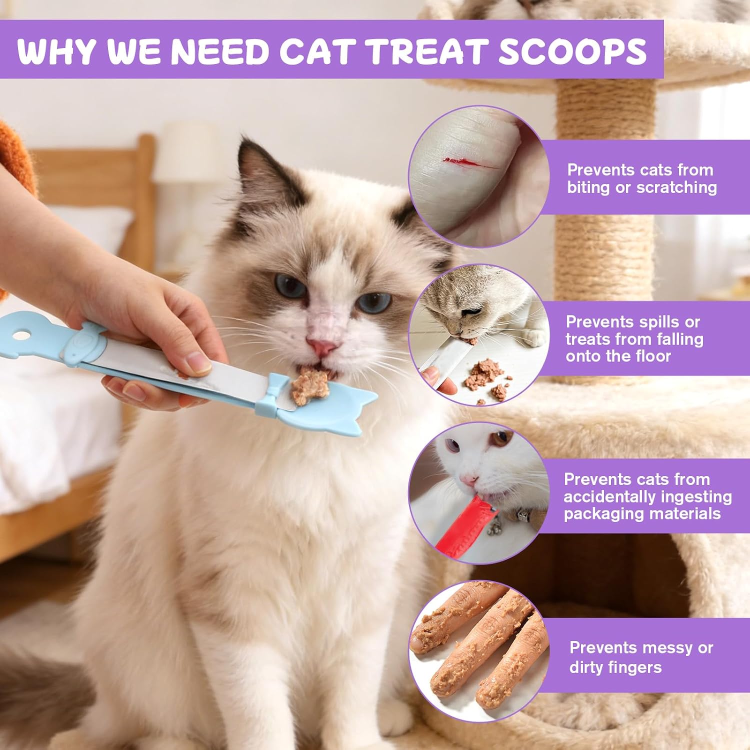 2 Pcs Cat Treat Spoon Squeeze, Lickable Sliding Cat Strip Feeders Plastic Pet Food Spoon Multifunctional Pet Supplies for Licky Treats Wet Food (Blue Purple) image 4