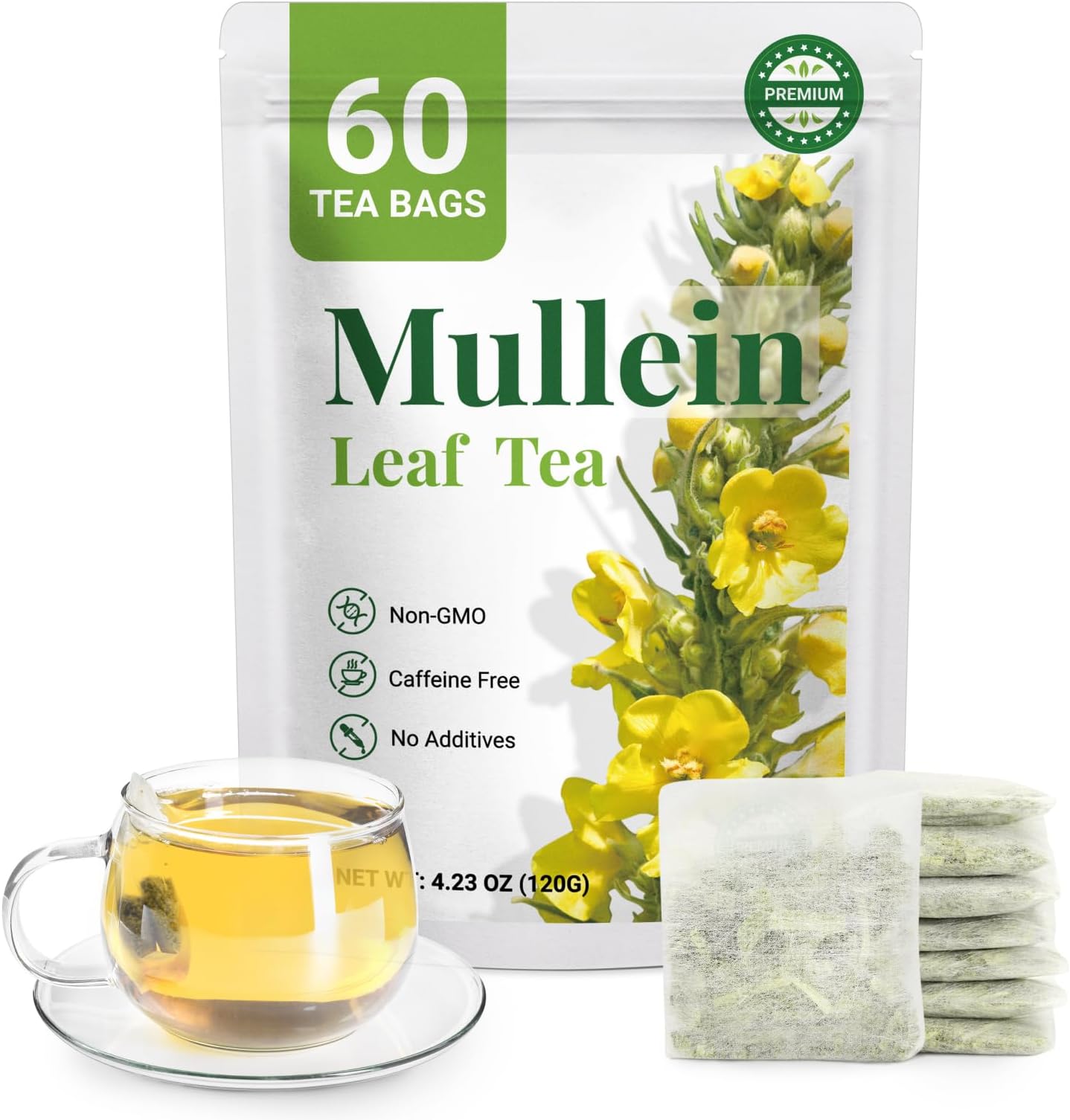 Premium 60 Mullein Tea Bags For Lungs - 100% Pure Mullein Leaf | For Lung Health & Respiratory Wellness Support | Caffeine Free - No Additives & Non-GMO | Plastic-Free, Plant-Based Tea Bags