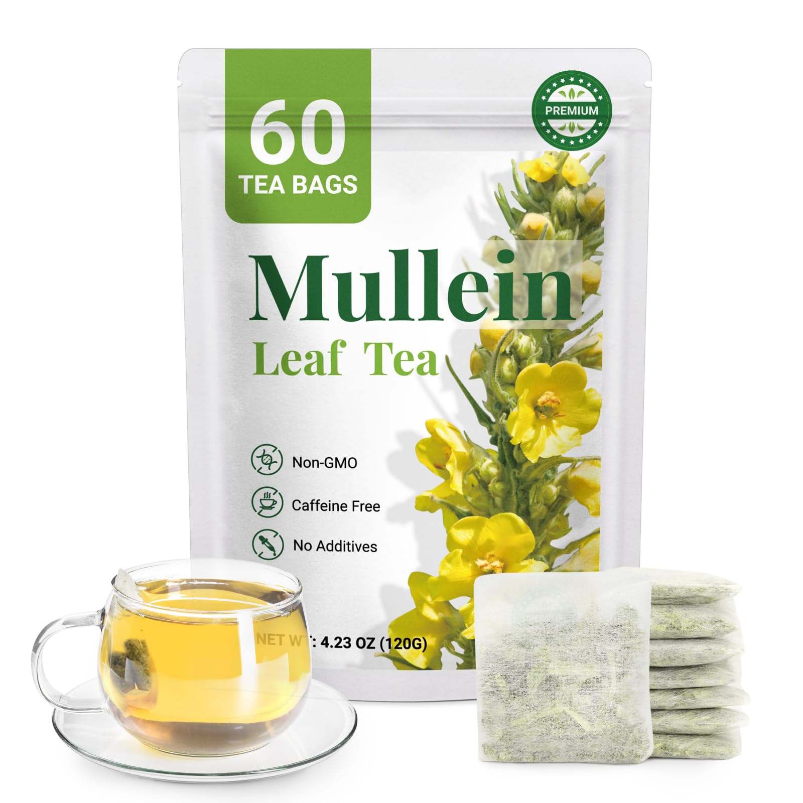 Premium 60 Mullein Tea Bags For Lungs - 100% Pure Mullein Leaf | For Lung Health & Respiratory Wellness Support | Caffeine Free - No Additives & Non-GMO