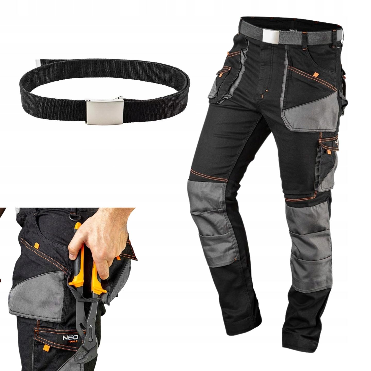 NEO TOOLS HD Slim Arbeitshose - Robuste, Moderne Stretch-Arbeitshose mit Kniepolstertaschen, reflektierenden Zonen, XS-3XL, Oxford-Verstärkungen & Baumwollgürtel, für Profis