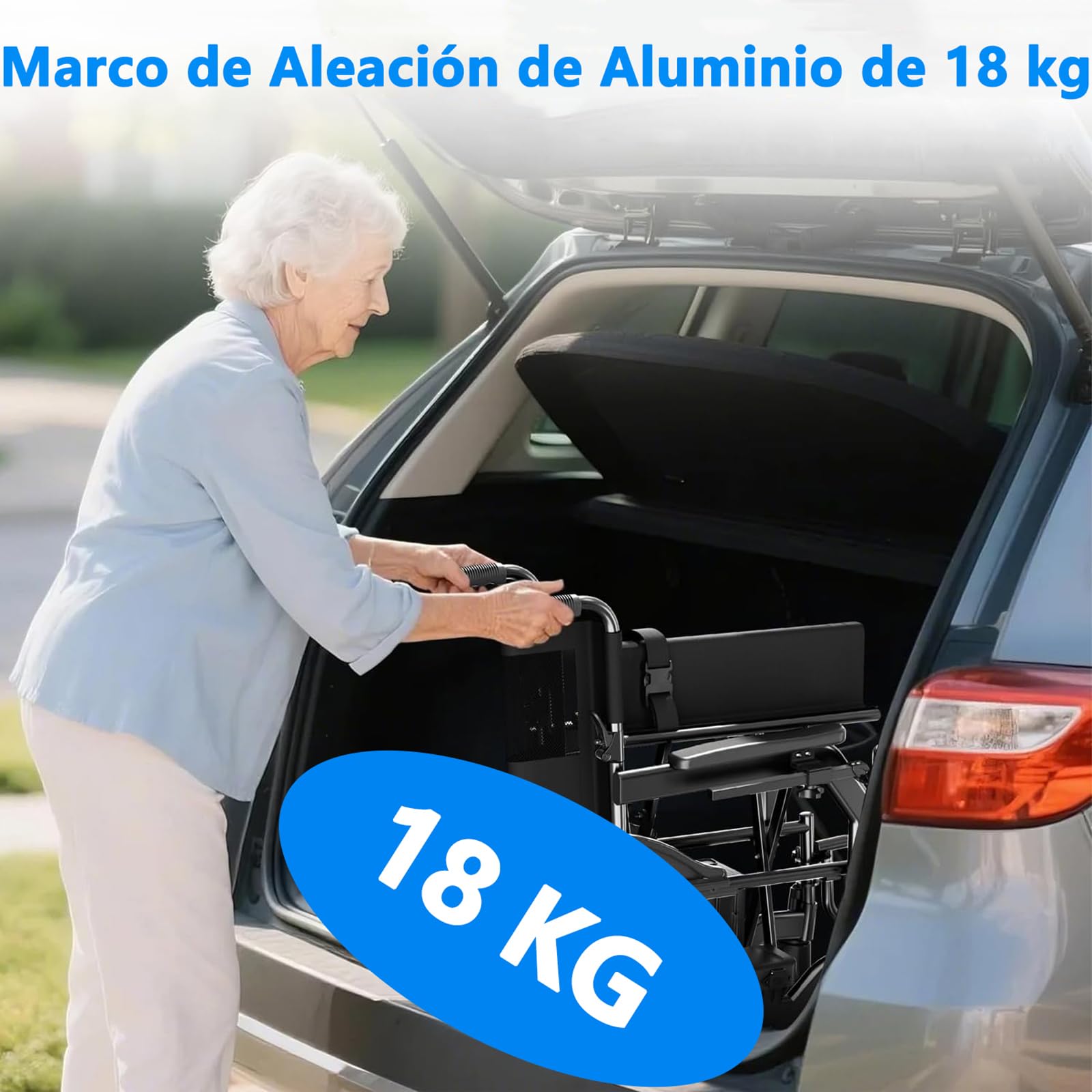 AMITD Silla de Ruedas Eléctrica Plegable Ligero Todo Terreno, 20 kg, Autonomía 20 km, Carga 150 kg, Ruedas de 16 Pulgadas, Doble Batería de Litio Extraíble, para Interior Exterior Viajar