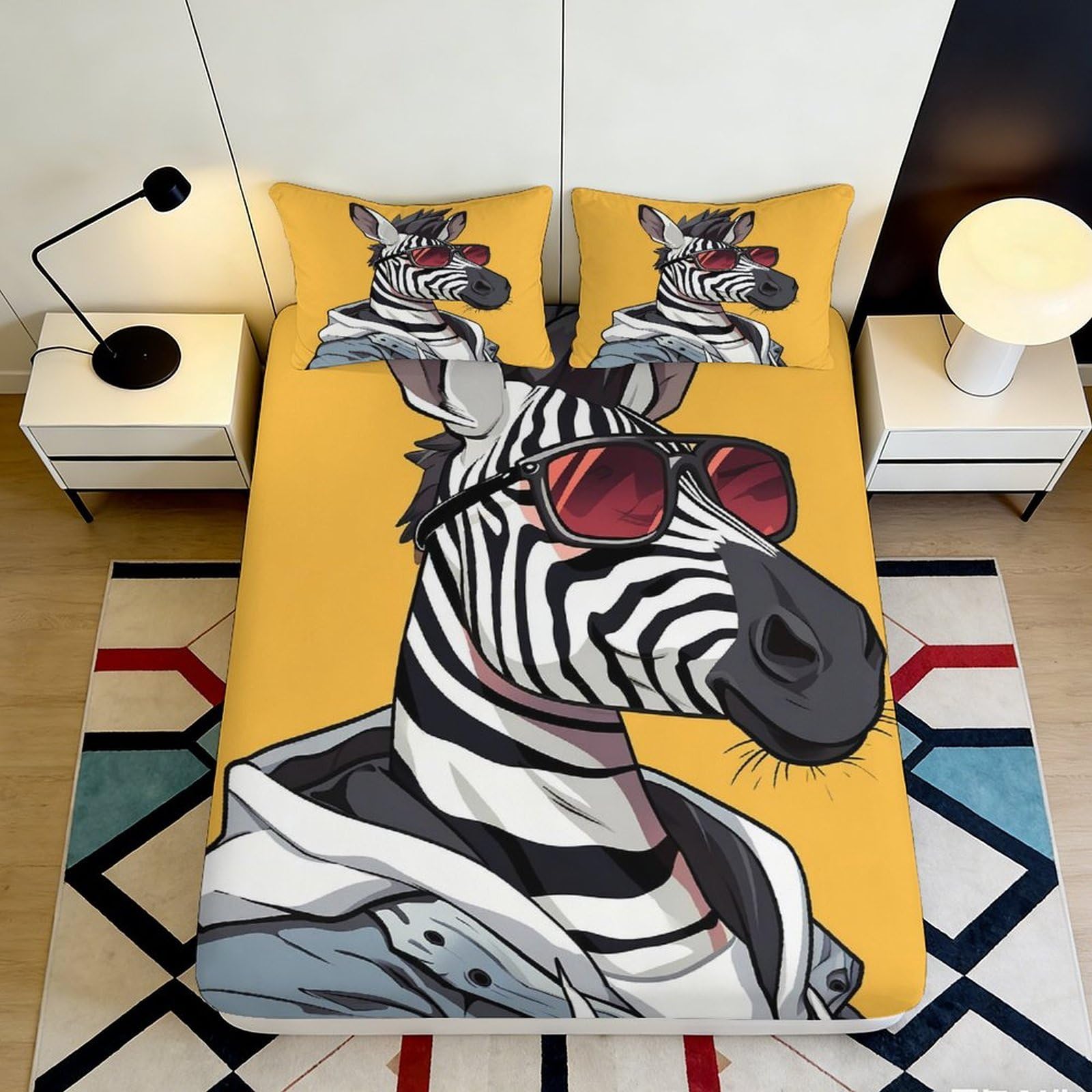 3D Printed Cool Zebra Sunglasses Fitted Sheet Microfiber Mattress Cover Yellow Cartoon Animal Bed Decor for Bedroom Dorm Guest Room 90x200x25cm