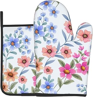 Colorful Flowers Oven Mitts and Pot Holders Light Blue Color Background Heat Resistant Oven Mitts Safe for Baking Cooking BBQ