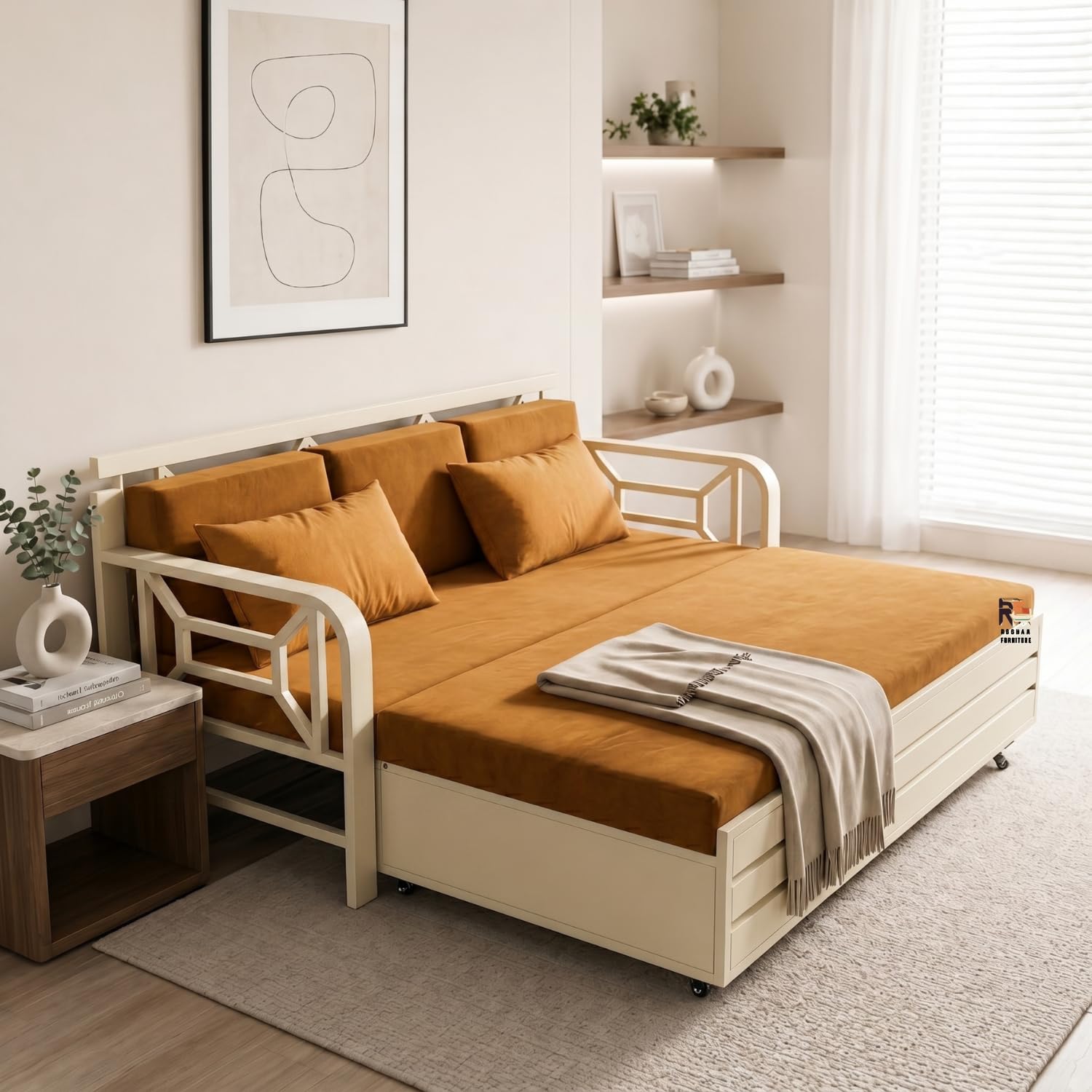 metal sofa cum bed | 2-in-1 convertible sofa bed | heavy duty iron frame | space saving foldable design | living room guest bed furniture (gringer orange mattress) ivory 6x6