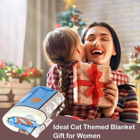 Apradas Cat Lovers Throw Blanket, Cat Themed Gifts for Women, Soft & Cozy Polyester Blanket, 150x130CM (Cat-Blue Brown)
