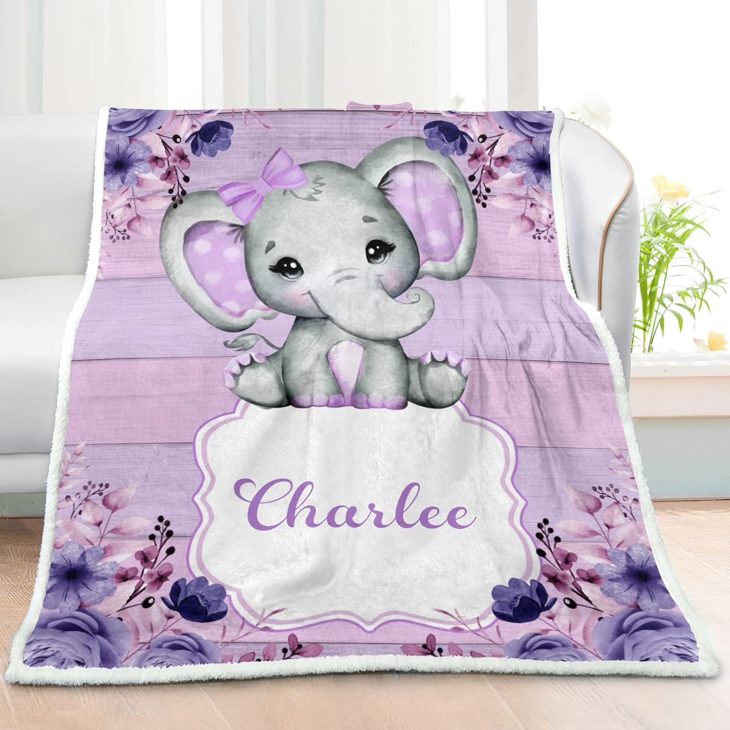 Purple Floral Elephant Personalized Sherpa Baby Blankets for Boys Girls,Soft Newborn Naps Custom Name Blanket for Shower Gift 50x60 in
