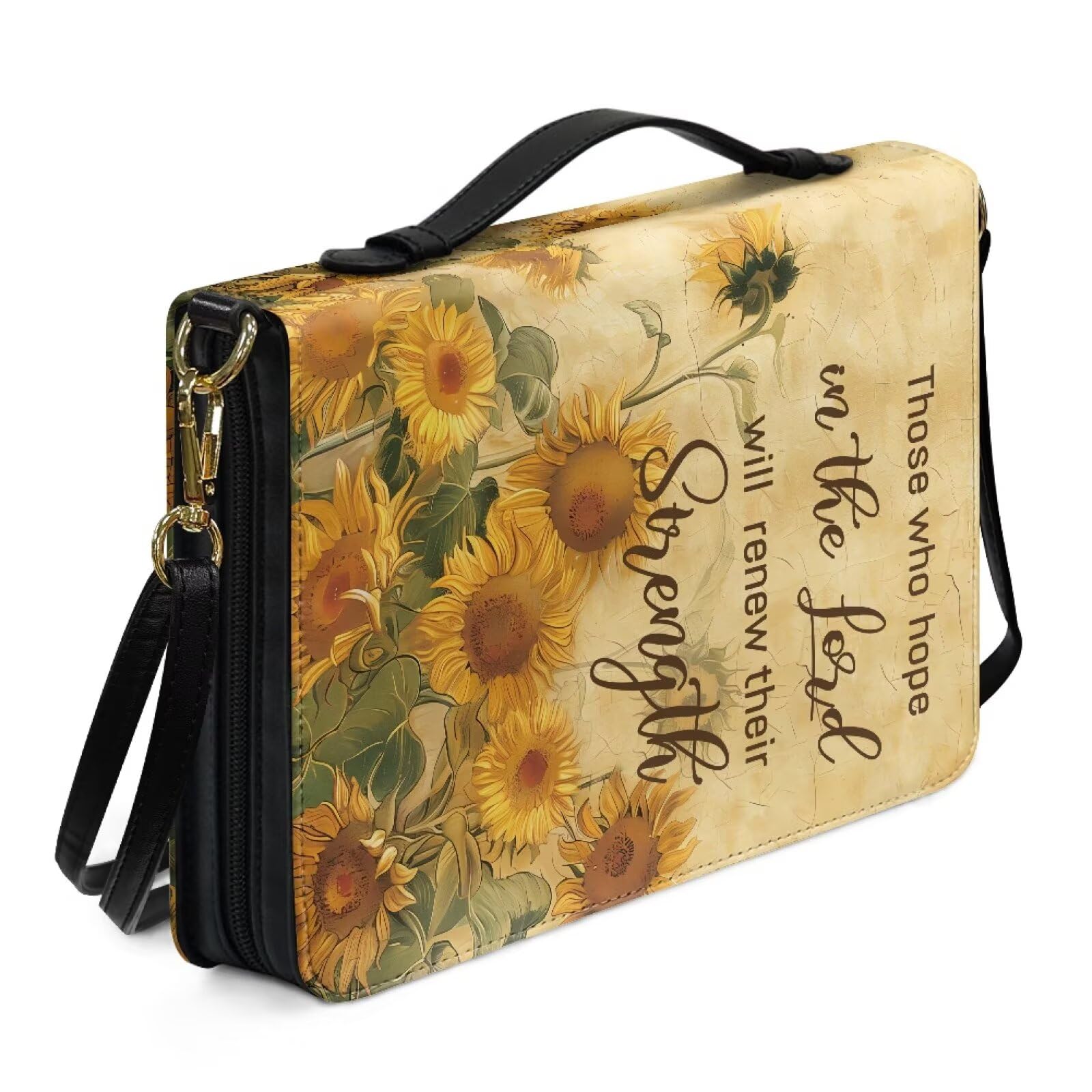 Kuiaobaty Sunflower Quotes Bible Case Faux Leather Book Carrying Holder for Women, Inspired Quote Floral Church Bag Bible Covers with Shoulder Strap,2XL