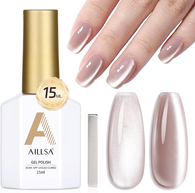 AILLSA Esmalte de uñas en gel para ojos de gato con purpurina desnuda, 0.5 oz GF26 | Glitter Crystal Sparkle con imán, brillo reflectante, U V Gel Salon DIY Home