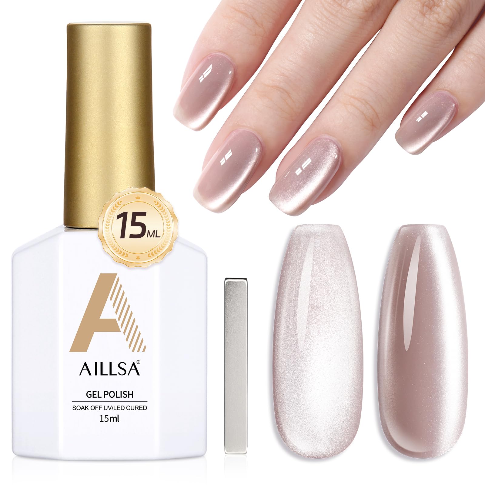 AILLSA Cat Eye Gel Nail Polish Nude Glitter Crystal Polish with Magnet, Glass Sparkle Nail Polish Reflective Shimmer Translucent Jelly Color U V Gel