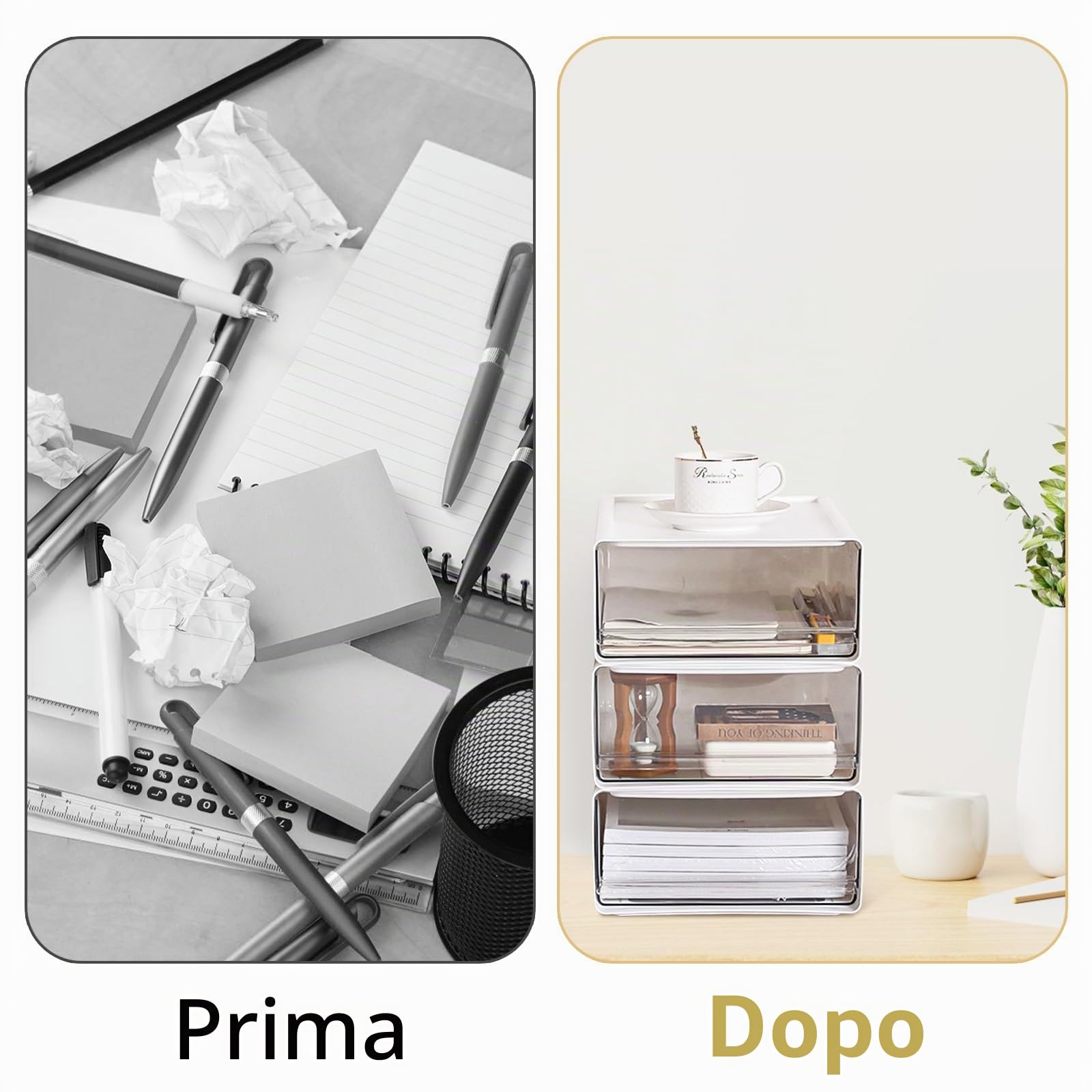 4 cassettiera in plastica impilabile con 3 cassetti e etichette, traslucida cassettiera in plastica da scrivania, organizer per trucchi, grande capacità