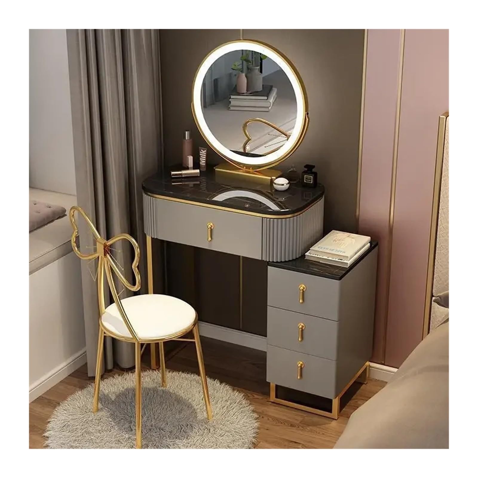 CGCSYZ Vanity Desk Small Vanity Desk Set with Mirror and Chair, Makeup Vanity Table for Small Space, Dressing Table for Bedroom Makeup Dressing Table (Gris L 70cm)
