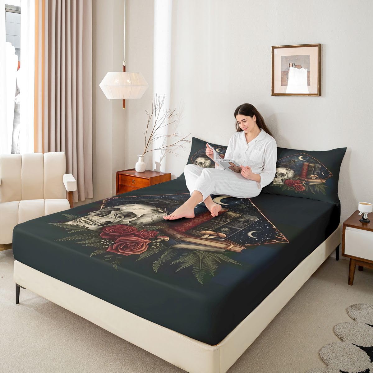 Homewish Lenzuolo con angoli king size, motivo teschio gotico, 3 pezzi