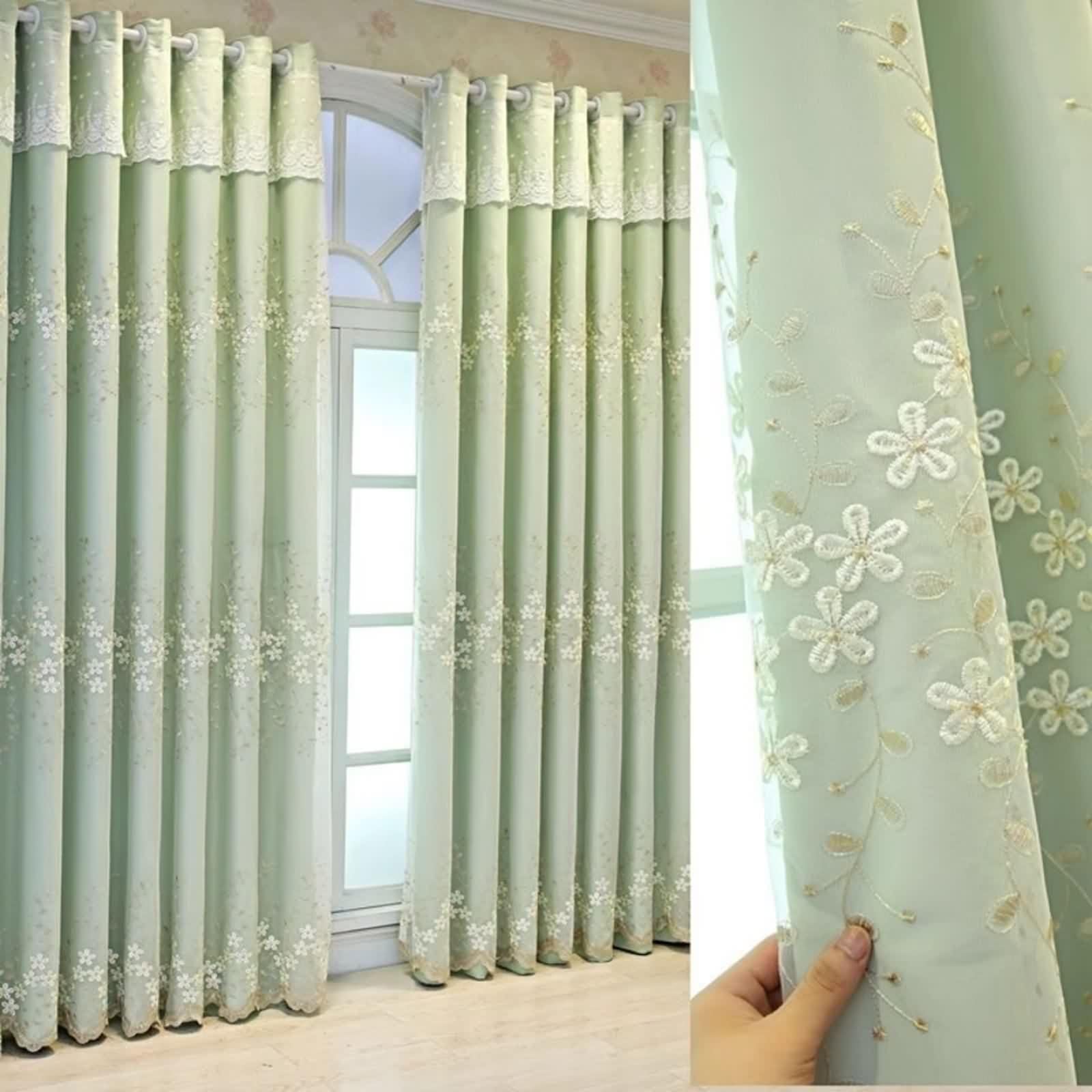 Rideau Fenetre Vert, Occultant Rideaux Fenetre Chambre Lot de 2 Tissu Broderie en Dentelle Double Couche LxH 132x274cm