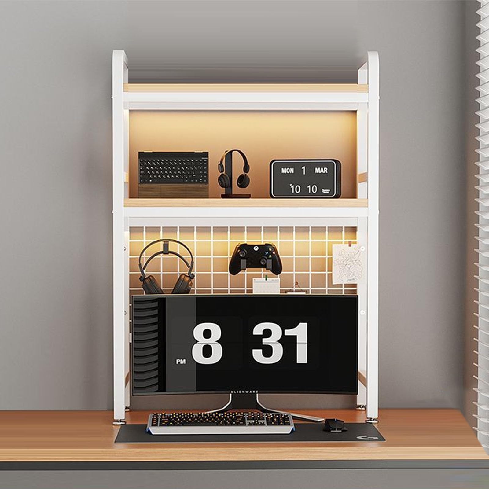 CWCQGH 2-Tier Desktop Bookshelf with Grid Panel - Multipurpose Desk for Dorm Room, Home Office, Countertop Organization & Display Shelf for Supplies,White-55cm/21.7in
