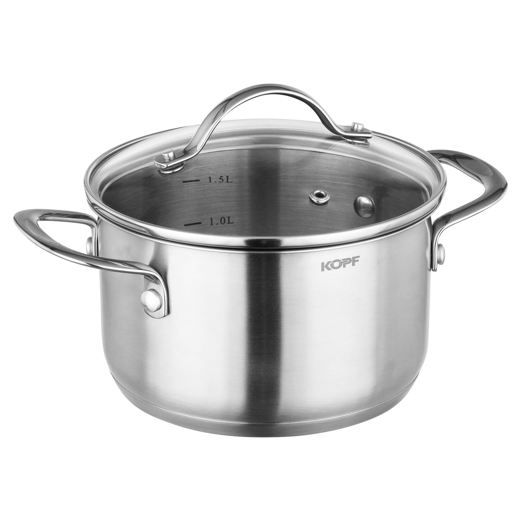KOPF Topfset Induktion Clara 8-teiliges Kochtopf Set mit Edelstahl Töpfe | Backofen & Spülmaschinen geeignet | Topf Set für alle Herdarten | 4 Kochtöpfe, 1 Stielkasserolle, 3 Glasdeckel | Literskala