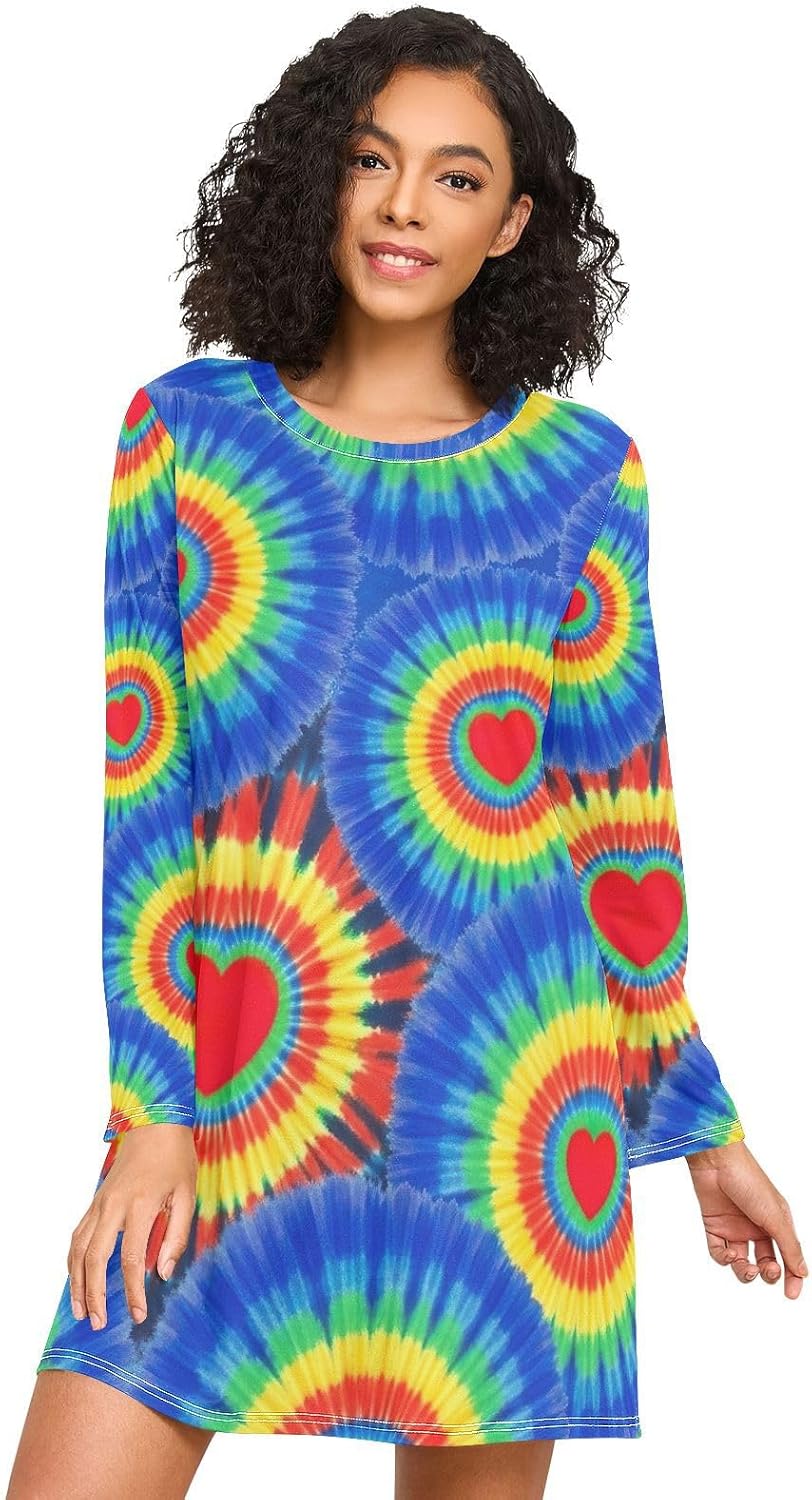 Vibrant Tie Dye Colorful Rings Womens Sleep Shirts, Long Sleeve Nightgowns for Women, Comfy Nightdress for Autumn