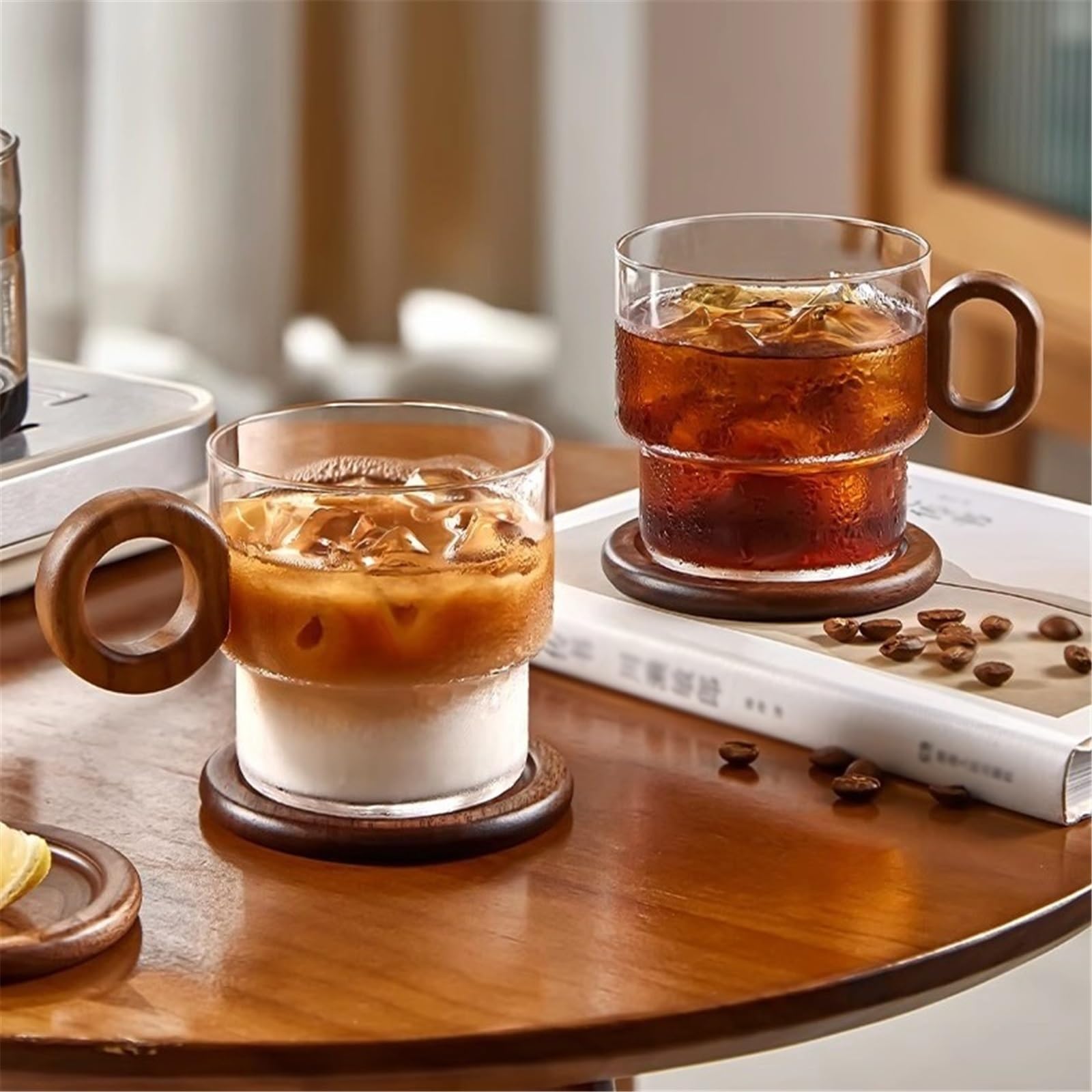 Kaffeetassen-Set aus mit Untersetzer, 330 ml, klare Tassen aus Borosilikatglas mit Griff aus Walnussholz for Saft