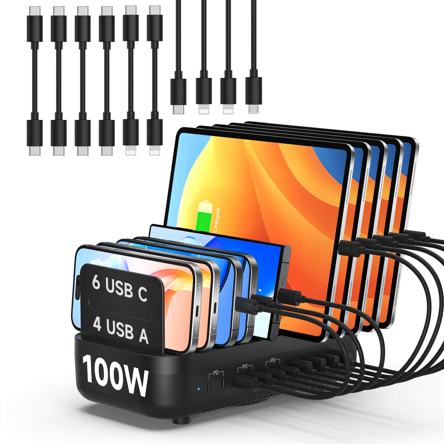 SooPii Stazione di ricarica da 100 W a 10 prese con 6 porte USB-C veloci, 4 porte USB-A e 10 cavi misti per telefoni cellulari lPhone, Galaxy, lPad e Android, ideale per casa, ufficio o ristorante