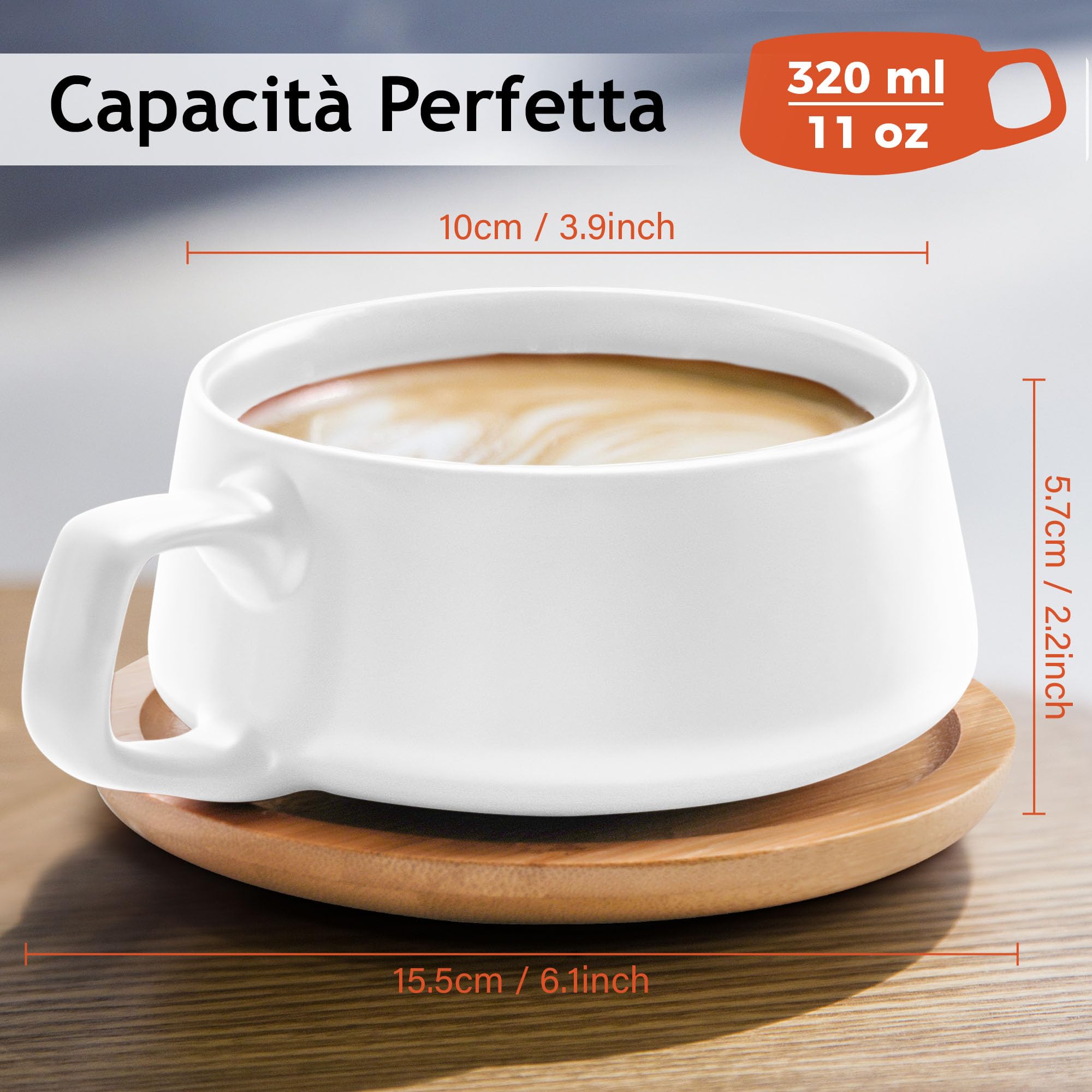 MIAMIO - 4 tazze da caffè da 320 ml/set di tazze e piattini/eleganti e moderne tazze da caffè in gres - set di 4 pezzi della collezione Luxe (Bianco)
