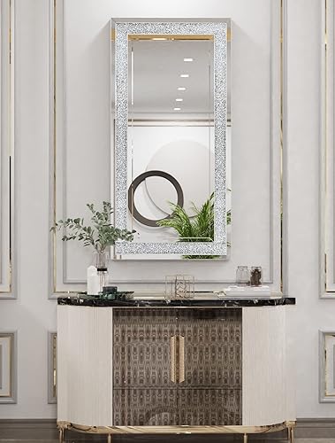 Miniatura 2 de Artloge Espejo decorativo de pared rectangular grande plateado con borde de diamante con marco trasero para sala de estar, baño, dormitorio,