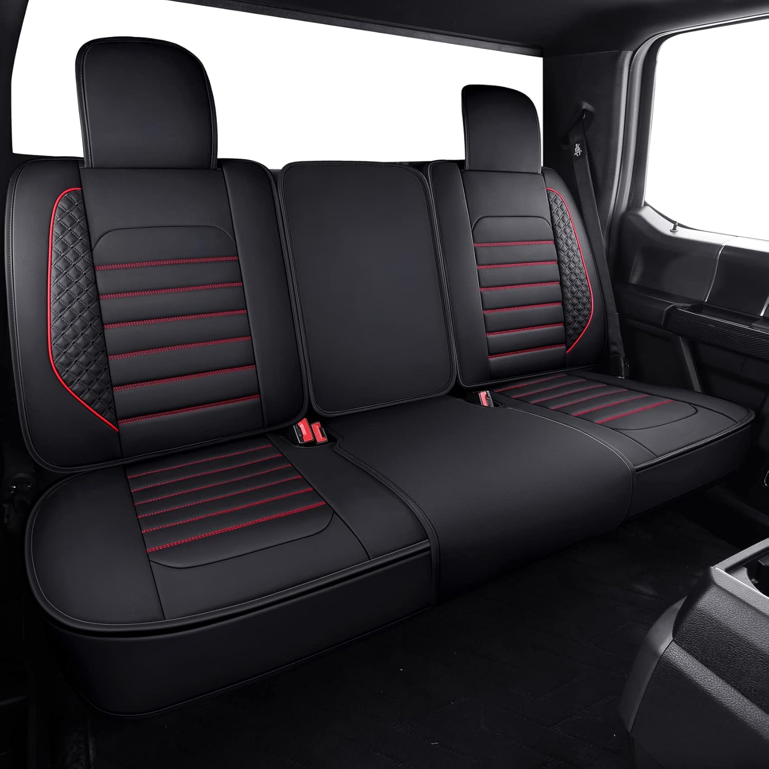 YIERTAI Seat Covers Fit 2009-2026 F150 and 2017-2026 F250 F350 F450 SVT King Ranch SuperCab Lariat Pickup Waterproof Faux Leather Cushion, 5 PCS Full Set/Black-Red