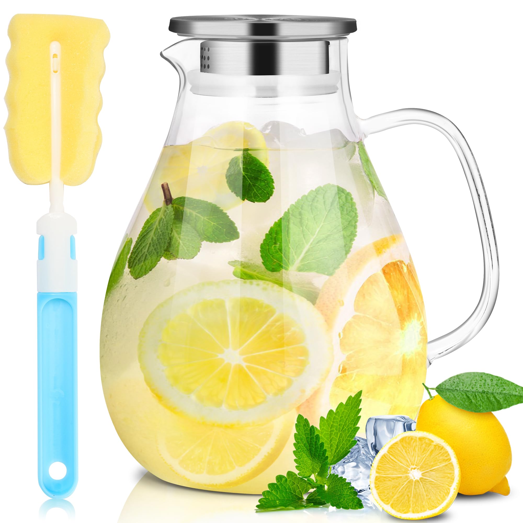 SUSTEAS 2.2 Liter 75oz Glass Pitcher, Water Pitcher with Lid And Wide Handle, Easy Clean Juice Jug for Fridge, Beverage Carafe for Cold/Hot Water, Iced Tea, 1 Long-Handled Brush Included