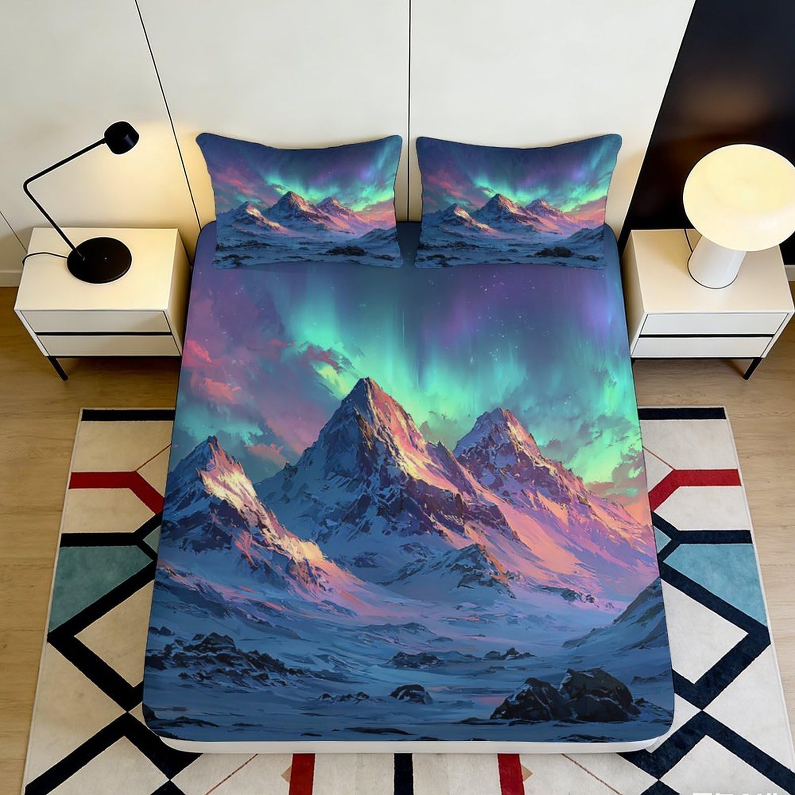 3D Printed Aurora Mountain Fitted Sheet Microfiber Deep Pocket Elastic Hem Bedroom Bedding Aurora Mountain Mattress Fitted Cover Washable 160x200x25cm