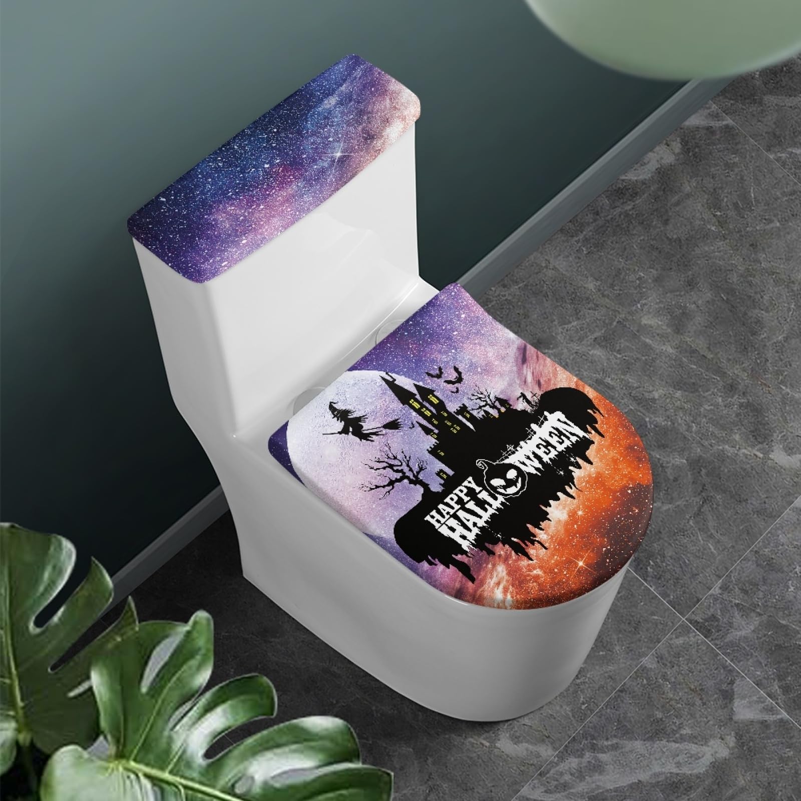 Halloween Toilet Seat Cover Set Of 2,Toilet Tank Cover with Elastic Edge for Easy Installation,Purple Toilet Seat Cover,Fits Most Toilet Tanks GlyphicWave