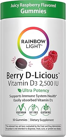 Rainbow Light Vitamin D3 2, 500 IU | 50 Gummies | Supports Immune System Health | Easily Absorbed D3 | Raspberry Flavor Rainbow Light Vitamin D3 2, 500 IU | 50 Gummies | Supports Immune System Health | Easily Absorbed D3 | Raspberry Flavor