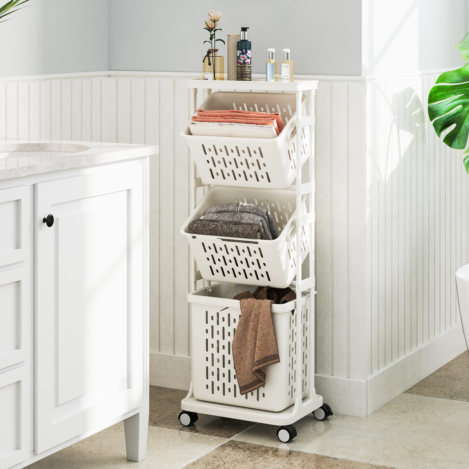 COSTWAY Wäschekorb Ständer, 72L Wäschesammler schmal 30cm breit, großer Korb mit Griff & 2 kleine Körbe mit kippbarem Design, Wäschesortierer Plastik, Rollwagen 3 Fächer, Metallrahmen, beige