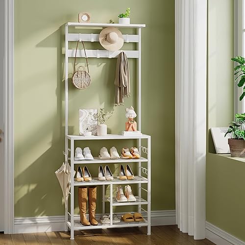 Miniatura 3 de GiftGo Estante de madera moderno de 5 niveles con 9 ganchos de metal movibles, organizador de almacenamiento para el hogar, oficina, dormitorio,