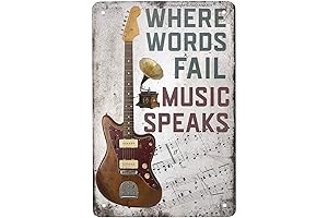 ANJOOY Vintage Metal Guitar Memorabilia Sign - 'Where Words Fail, Music Speaks'