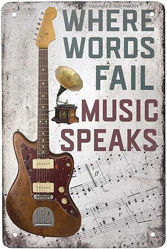 ANJOOY - Letrero de metal vintage para guitarra  Where Words Fail Music Speaks  Musical Cafe Wall Kitchen Bathroo Poster Karaoke Retro Decor Art