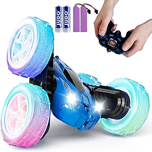 28C Remote Control Car, RC Cars 2.4GHz Fast Stunt RC Car, 4WD Double Sided 360 Rotating RC Trucks with Headlights Wheel Lights, Off Road RC Crawler Toy Cars Xmas Gifts for Kids Boys Girls (Blue)