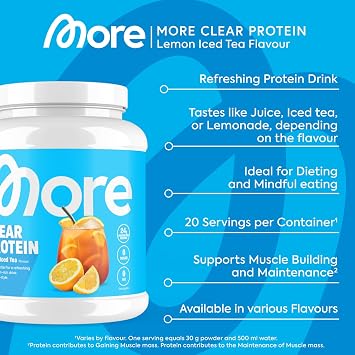 More Clear Protein Whey Isolate Powder, Lemon Iced Tea, 600 g, 1.32 lbs, 20 Servings, Protein Drink with whey Isolate, Clear whey, Lactose Free, Made in Germany