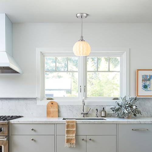 Miniatura 5 de Luces colgantes de níquel cepillado para isla de cocina, 1 luz de 7.3 pulgadas, moderna lámpara colgante de vidrio de leche con varillas,