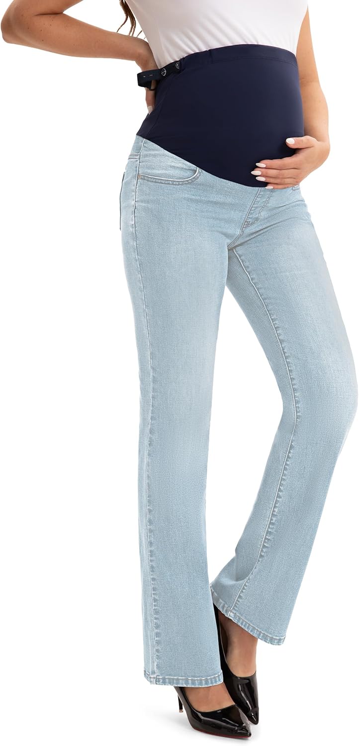 SEVEGO Women's 29"/31"/33" Maternity Bootcut Jeans Over The Belly Pregnancy Flare Stretch Denim Pants with Pockets Comfy