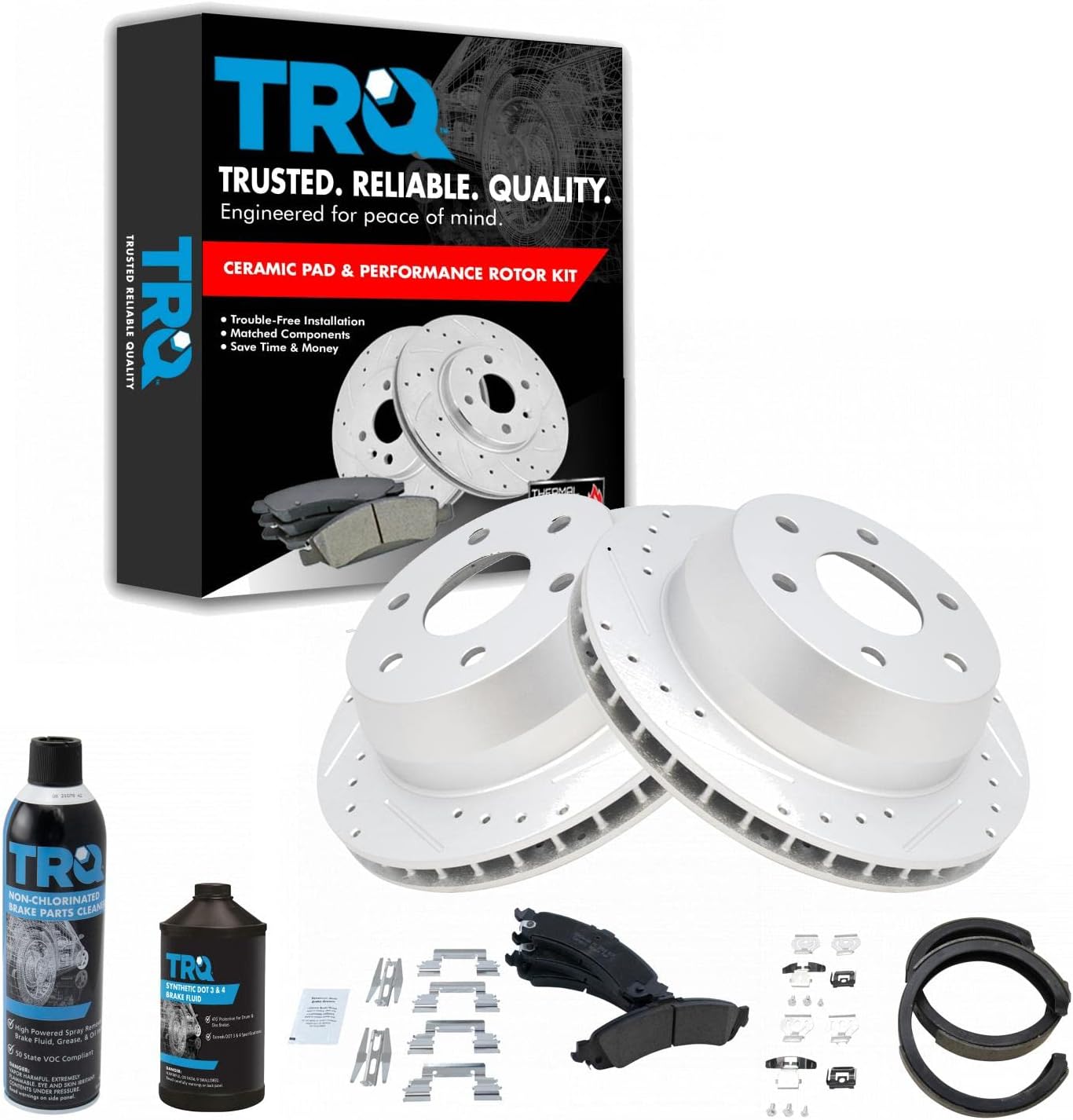 TRQ Rear Brake Pad & Rotor Kit Premium G-Coated Ceramic Slotted X Drilled Compatible with 02-06 Cadillac 00-06 Chevrolet GMC
